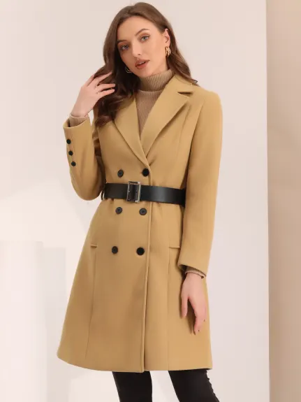 Allegra K - Winter Belted Double Breasted Long Coat