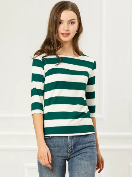 Allegra K- Boat Neck Elbow Sleeve Slim Fit Stripe T-Shirt