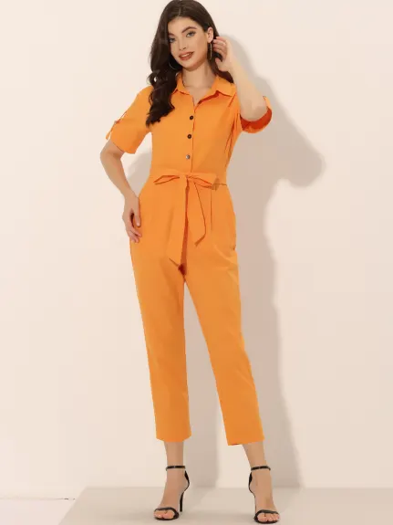 Allegra K- Turndown Collar Button up Tie Waist Cargo Jumpsuit