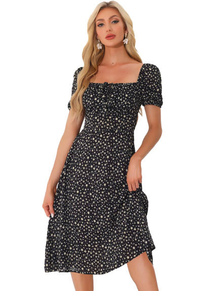 Allegra K - Drawstring Ruched Square Neck Floral Dress