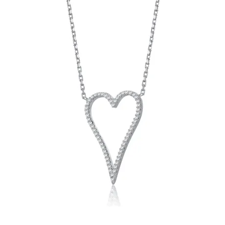 Rachel Glauber White Gold Plated with Clear Cubic Zirconia Elongated Open Heart Halo Pendant Necklace