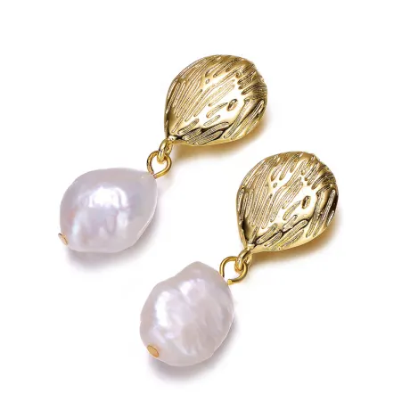 Genevive Sterling Silver 14k Gold Plated with Baroque Oval Pearl Coral Reef Dangle Earrings