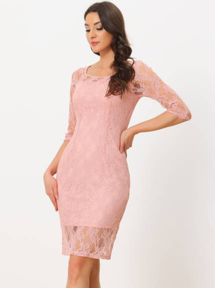 Allegra K- Lace 3/4 Sleeve Square Neck Midi Straight Tired Dress