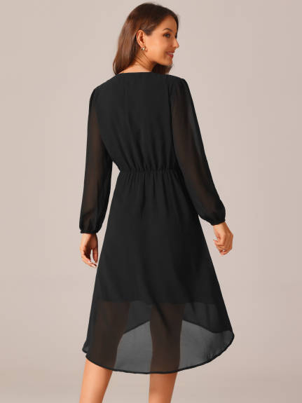 Allegra K - V Neck Lantern Sleeve Pleated Midi Dress