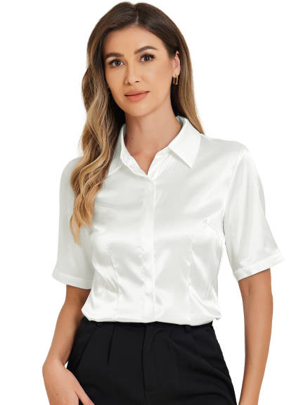 Allegra K - Business Summer Satin Button Down Shirt