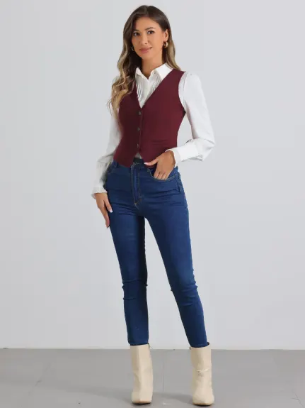 Allegra K - Veste gilet en denim lavé boutonnée à col en V