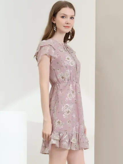 Allegra K- Ruffle Sleeve Self-Tie V Neck A-Line Floral Chiffon Dress