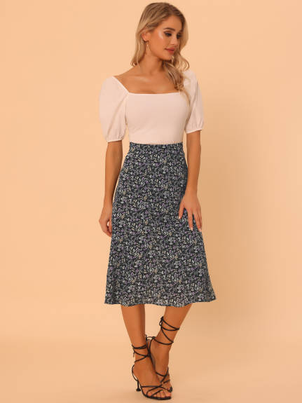 Allegra K- Elastic Waist A-Line Midi Leave Print Skirt