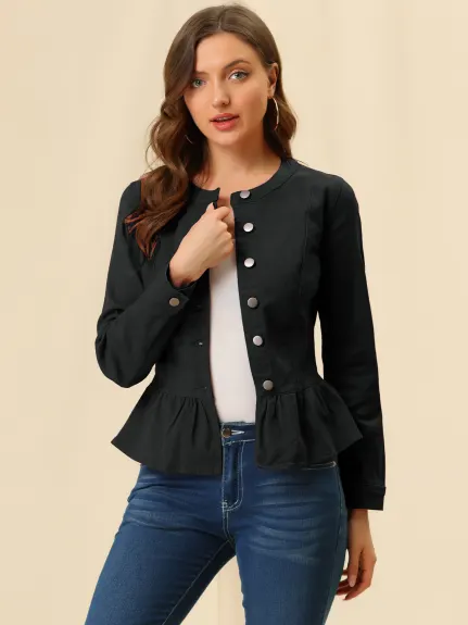 Allegra K - Veste en jean délavée courte à ourlet volanté