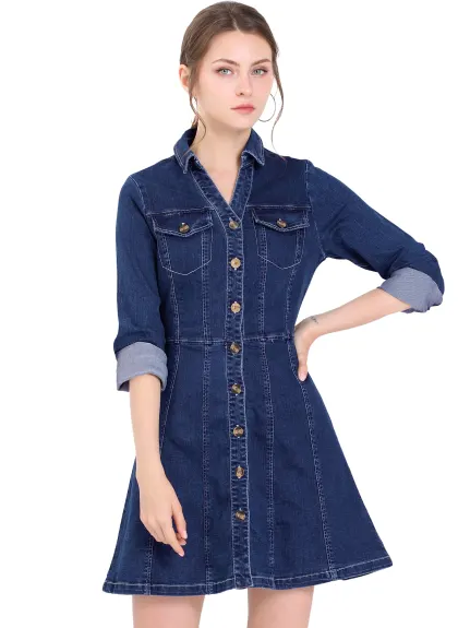 Allegra K- Robe chemise en jean à manches retroussées et col en V