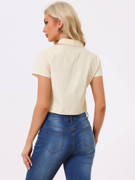 Allegra K- Striped Short Sleeve Tie Front Crop Shirt