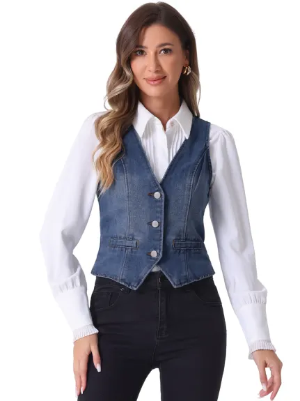 Allegra K - Veste gilet en denim lavé boutonnée à col en V