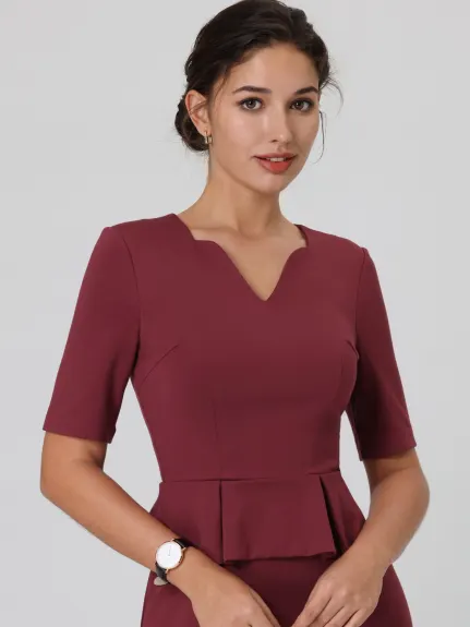 Hobemty- V Neck Peplum Pencil Sheath Dress