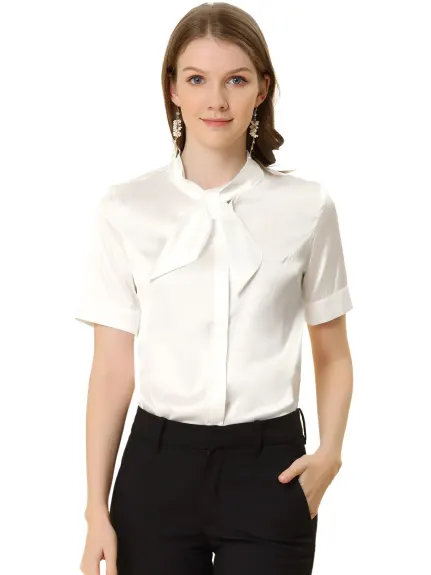 Allegra K- Satin Tie Neck Short Sleeve Blouse Shirt