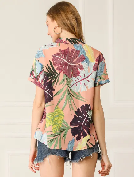 Allegra K- Beach Tropical Floral Leaves Button Down Shirt