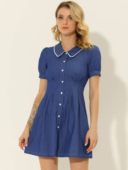 Allegra K- Puff Short Sleeve Flared Button Front Shirt Dress