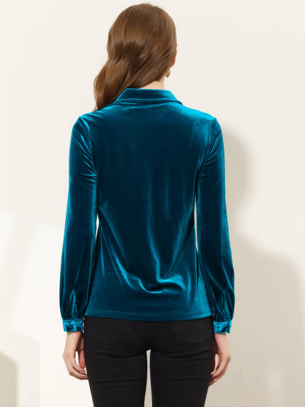 Allegra K- Pocket Front Long Sleeve Velvet Shirt