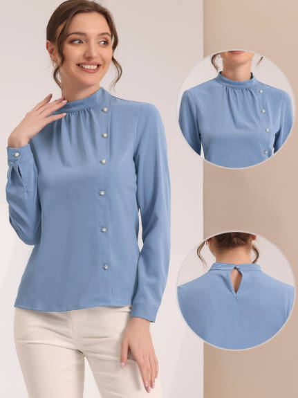 Allegra K - Elegant Stand Collar Button Decor Shirts