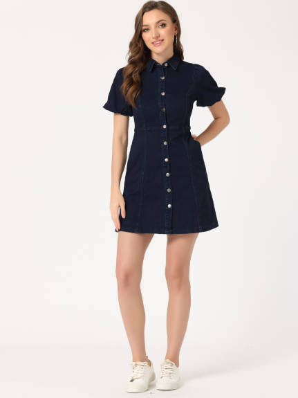 Allegra K- Puff Short Sleeve Button Denim Shirt Dress