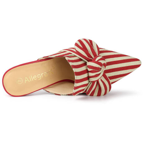 Allegra K- Stripe Pointed Toe Block Heel Bow Slides Mules