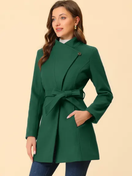 Allegra K- Classic Stand Collar Belted Long Coat