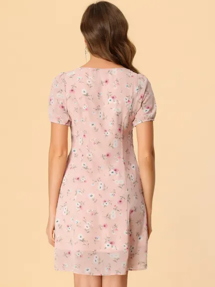 Allegra K- robe à col carré Floral à manches courtes avec cordon de serrage froncé