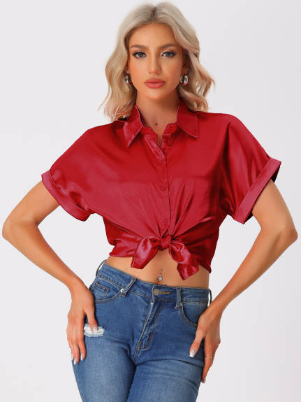 Allegra K - Satin Button Down Short Sleeves Shirt