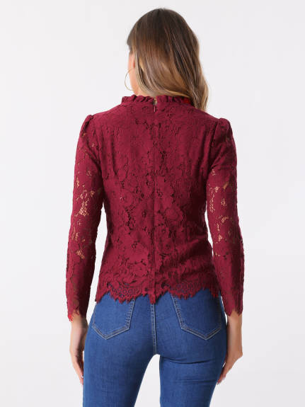 Allegra K- Ruffle Round Neck Long Sleeve Lace Floral Blouse