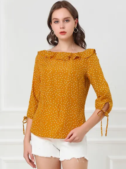 Allegra K- Ruffled Neck Half Sleeve Sheer Polka Dots Blouse