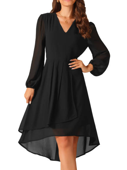 Allegra K - V Neck Lantern Sleeve Pleated Midi Dress