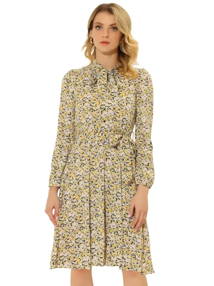 Allegra K- Robe en mousseline ceinturée à imprimé floral et col noué