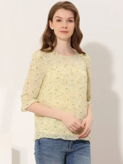 Allegra K- Blouse florale en mousseline à manches 3/4 et à volants