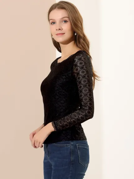 Allegra K- Round Neck Long Sleeve Embroidery Lace Blouse