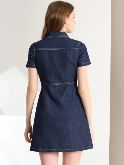 Allegra K- Denim Collared Short Sleeve Summer Dress