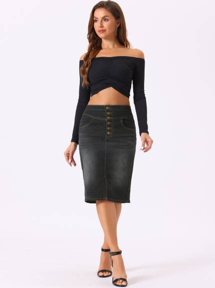 Allegra K - Split High Waist Denim Pencil Skirt