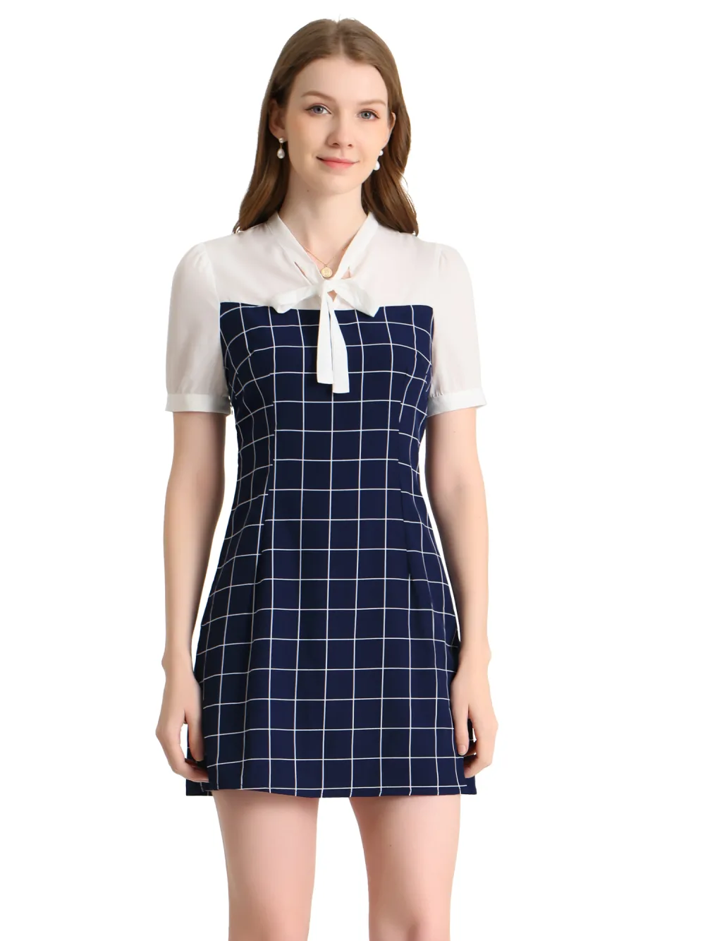 Allegra K- Plaid panneau cravate robe de travail Puff manches courtes