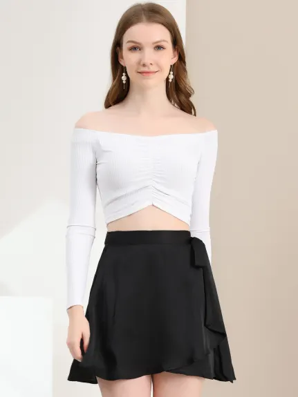 Allegra K- Satin Mini Wrap Skater Skirt