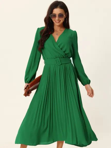 Allegra K- Pleated Puff Long Sleeve V Neck Belt Waist Midi Dress