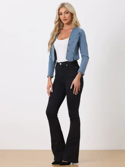 Allegra K- Veste courte sans col ouverte sur le devant en denim