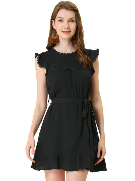 Allegra K- Ruffle Sleeve Round Neck Tie Belt Crochet A-Line Short Dress