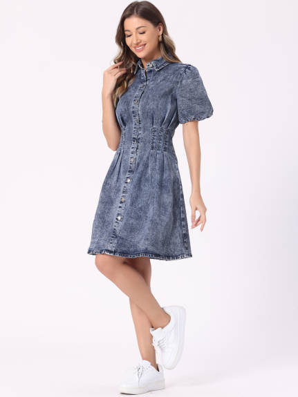 INSPIRE CHIC - Puff Short Sleeve Button Down Jean Dress