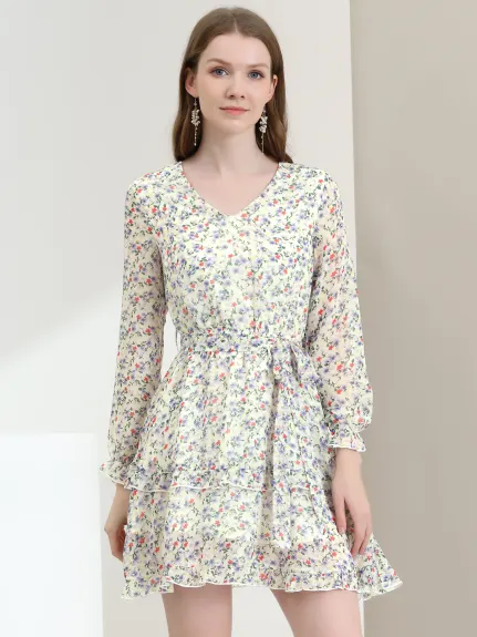 Allegra K- Long Sleeve Belted Ruffle Chiffon Floral Dress