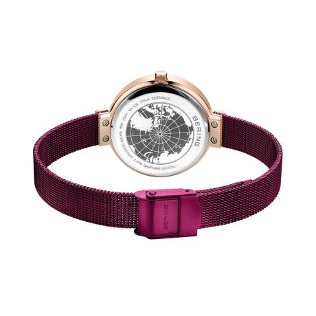 BERING - Montre solaire pour femme en acier inoxydable de 31 mm en or rose/violet