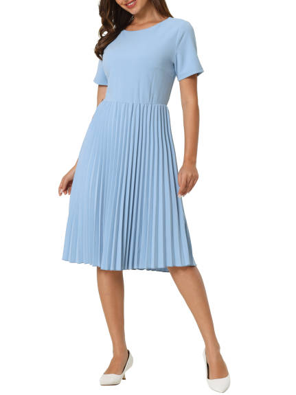 Hobemty- Short Sleeve Pleated Midi A-Line Dress