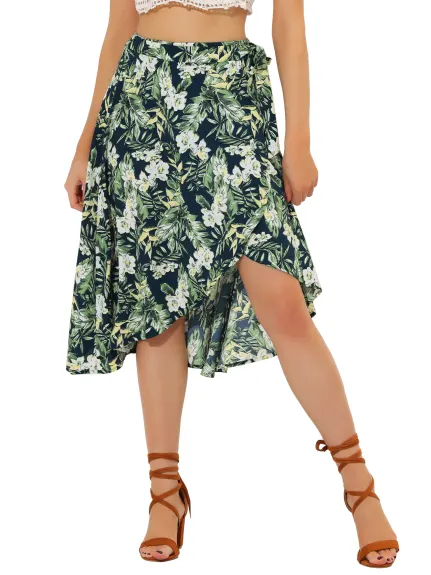 Allegra K- Floral Boho Wrap Midi Skirt