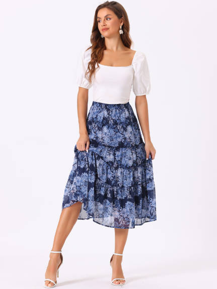 Allegra K- Floral Tiered A-Line Long Chiffon Skirts