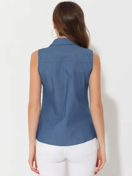 Allegra K- Denim Lapel V Neck Chambray Tunic Top