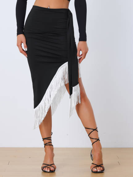 Allegra K- Fringe Trim Asymmetrical Ruched Tie Waist Midi Skirt