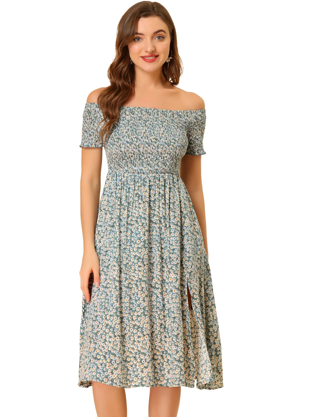 Allegra K- Floral Print Off Shoulder High Split Dress