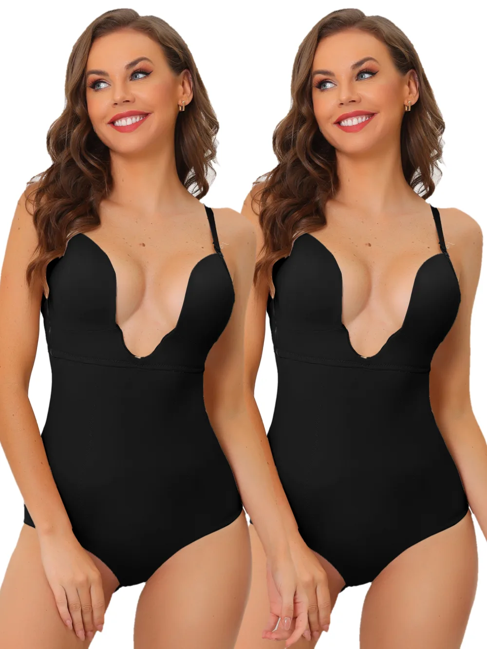 Allegra K - U Plunge Built-in Bra Leotard Bodysuit Pack